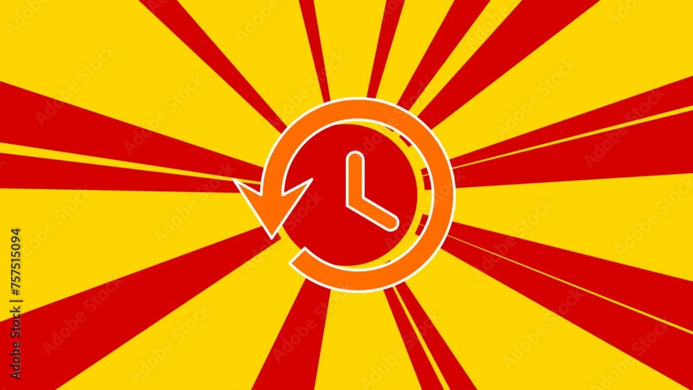 Poster time back symbol on the background of animation from moving rays of the sun. large orange symbol inc