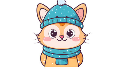 An adorable orange tabby cat with a cheerful face, dressed in a cozy blue winter hat and scarf