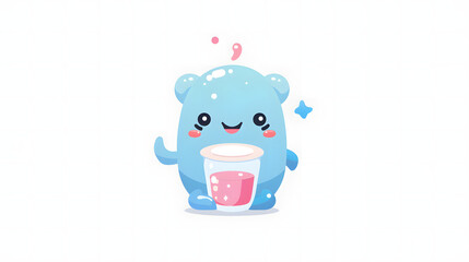 A charming blue creature holding a hot cup of cocoa, surrounded by shiny stars and feeling cozy