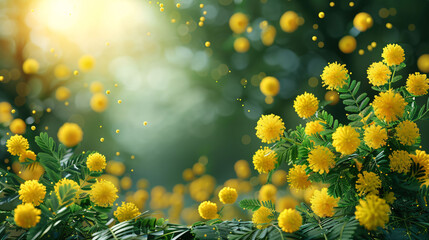 Yellow mimosa flowers. Close up. Spring, Womens day, Easter greeting card. Nature background - obrazy, fototapety, plakaty