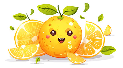 An engaging illustration of a smiling lemon character surrounded by lively lemon slices and leaves