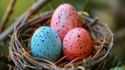 a close up of three eggs in a bird's nest with grass and twigs in the foreground and a blurry background.