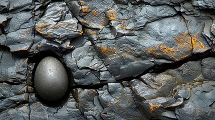 a close up of a rock formation with a black egg in the center of the rock and a yellow spot in the middle of the rock.