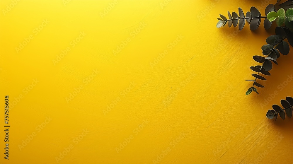 Poster a yellow background with a bunch of green leaves on the left side of the image and a yellow backgrou