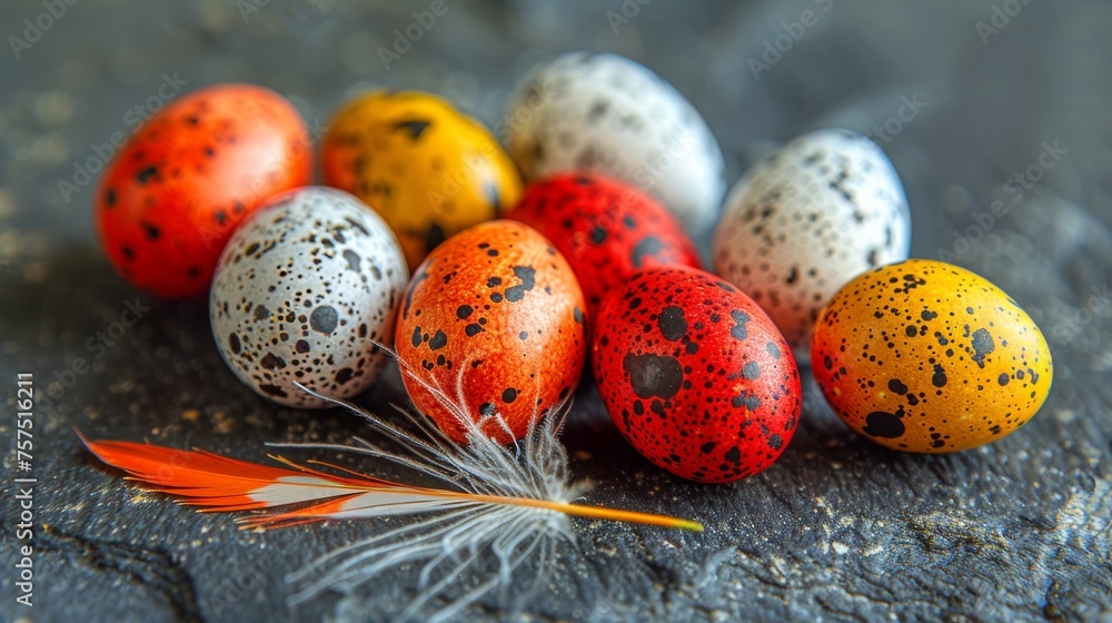 Poster a close up of a group of eggs with a feather on top of one of the eggs on the ground.
