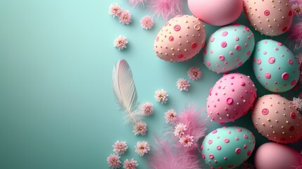 Obraz na płótnie Canvas a group of pink and blue eggs with feathers and flowers on a blue background with a feather and a feather quill.