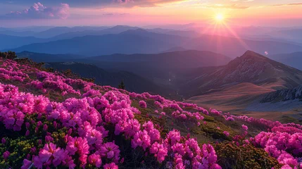 Gordijnen  wonderful mountains Ukrainian sunrise landscape with blooming rhododendron flowers, summer sunrise scenery, colorful summer scene, travel, Ukraine, Europe, beauty world © Muhammad
