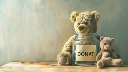 a glass jar placed on a table, bearing the inscription DONAT at the bottom, alongside a toy bear, symbolizing the concept of helping sick children, with abundant space for text.