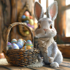  Adorable 3D Easter bunny sitting next to a wicker basket - obrazy, fototapety, plakaty
