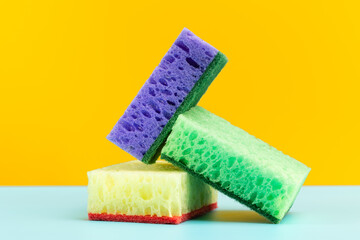 Close-up of colorful sponges for washing dishes