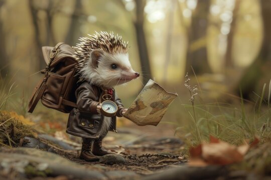 A journeying hedgehog holds a compass and map, quaint for storytelling or exploration themes