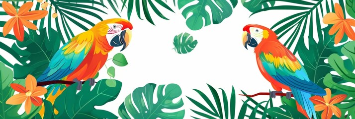 Naklejka premium background, flat design. jungle foliage with exotic flowers and parrots banner template Generative AI