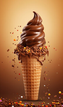 Chocolate ice cream dessert cone with sprinkles сreated with Generative Ai