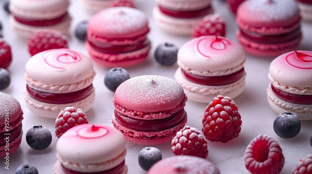 Poster a table topped with macaroons and raspberries covered in powdered sugar and topped with blueberries 