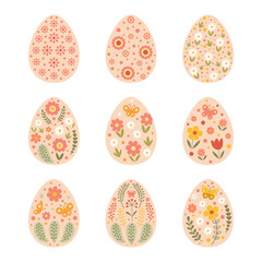 Set of 9 floral Easter eggs isolated on white background. Vector illustration in flat style is isolated on white background