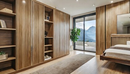 Contemporary Chic: Stylish Bedroom Design Featuring Wooden Wardrobe with Glossy Sliding Doors