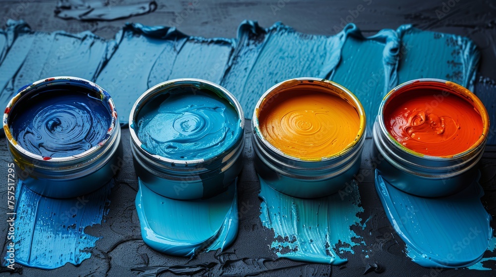 Poster a row of four paint cans with different colors of paint in them on a blue wooden surface with paintb