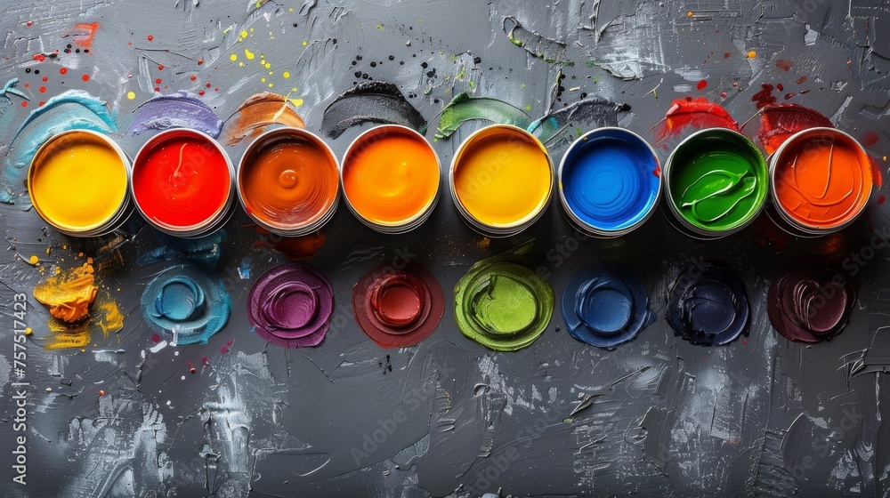 Poster a row of paint cans sitting next to each other on top of a table covered in multicolored paint.