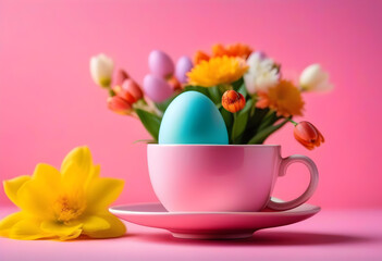 Obraz na płótnie Canvas Easter egg and spring flowers in tea cup on bright pink background.