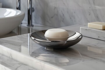 Obraz na płótnie Canvas Modern gray soap dish on sleek marble countertop with polished stainless steel accents in elegant bathroom decor, featuring bar of soap and sharp-focus lights