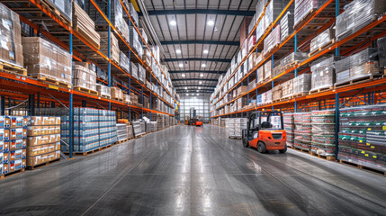 A busy retail warehouse where the shelves are overflowing with boxes of merchandise waiting to be distributed. Pallets of goods are strategically placed, with forklifts running between them.
