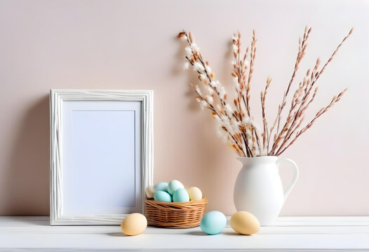 Home interior with easter decor. Mockup with a white frame