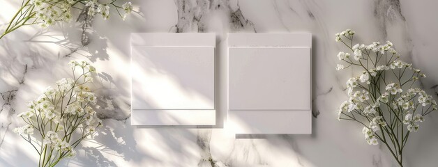 a mockup featuring two blank white invitation cards placed side by side on a light marble surface, with white flowers, captured from a top view, generous space for text or design elements.