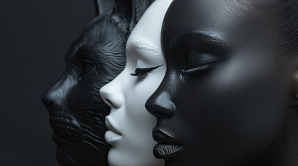 Beautiful fashion model black and white woman with bold black cat eyeliner eyes. Fashion portrait isolated on dark black background	