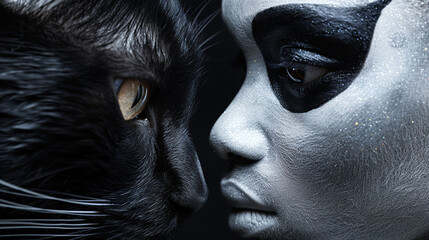 Beautiful fashion model woman with bold face makeup and a black cat , Fashion portrait isolated on...
