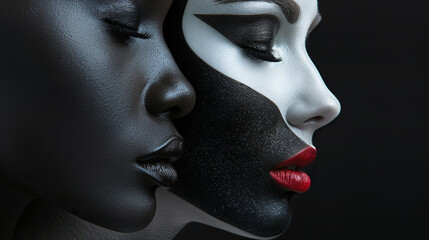 Beautiful fashion model black and white woman with bold black cat eyeliner eyes. Fashion portrait...
