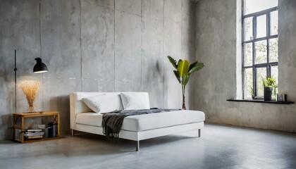 Urban Elegance: Minimalist Living Room with White Sofa Against Concrete Wall