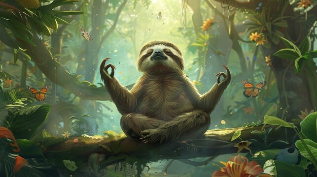 Meditating sloth in a lush forest; serene for wellness and mindfulness themes