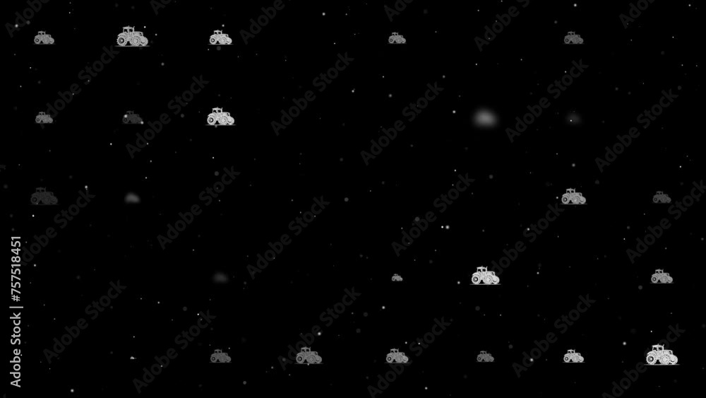 Poster template animation of evenly spaced tractor symbols of different sizes and opacity. animation of tra