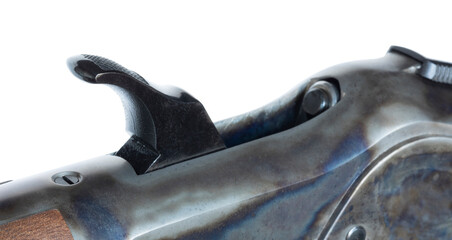 Lever action rifle hammer in the cocked position
