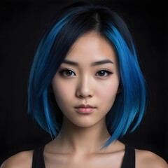 A striking Asian girl with vivid blue hair stands confidently in front of a sleek black background, her black eyes shimmering with determination.