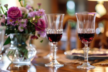 A luxurious dining room setup featuring a wooden table adorned with crystal wine glasses, red wine, fresh flowers in a delicate vase