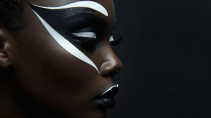 Beautiful fashion model woman with bold black cat eyeliner eyes. Fashion portrait isolated on dark...
