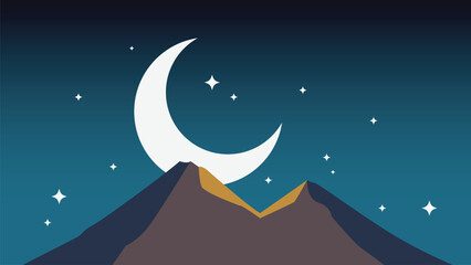 Obraz premium Ramadan kareem flat vector illustration with clouds, crescent moon and stars. Can be used for banners, posters, backgrounds, landing pages, greeting cards, covers, etc.