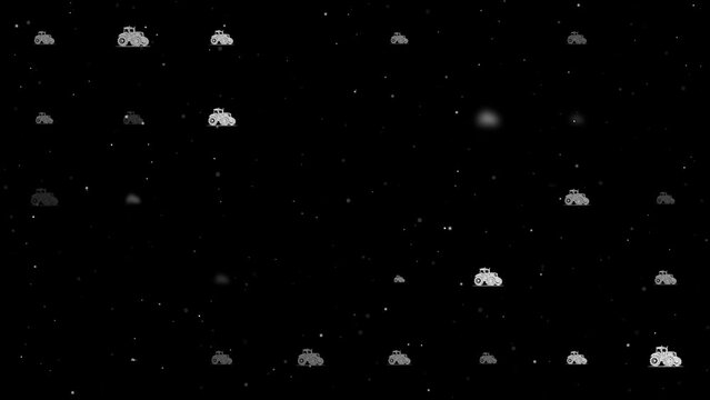 Template animation of evenly spaced tractor symbols of different sizes and opacity. Animation of transparency and size. Seamless looped 4k animation on black background with stars