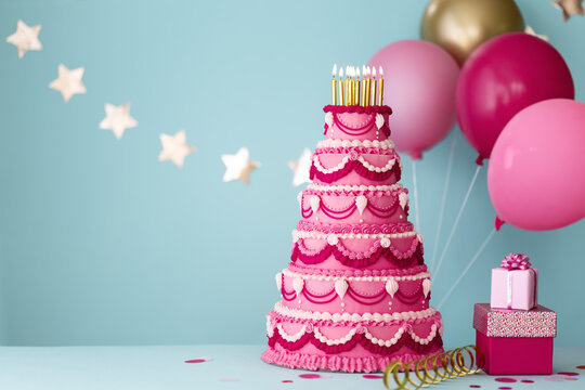 Elaborate tiered birthday cake for a birthday party