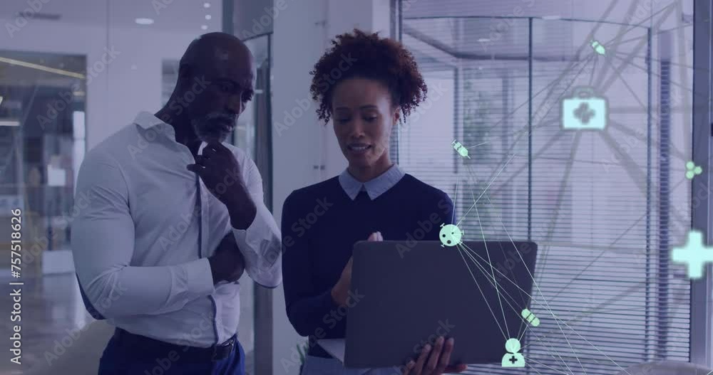 Poster animation of network of connections with icons over diverse colleagues discussing work in office