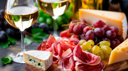 Two glasses of wine with cheese and cold cuts.