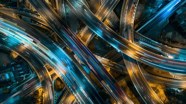 Aerial view of Road Traffic jam on multiple lane highway with speed light trail from car background, night scene