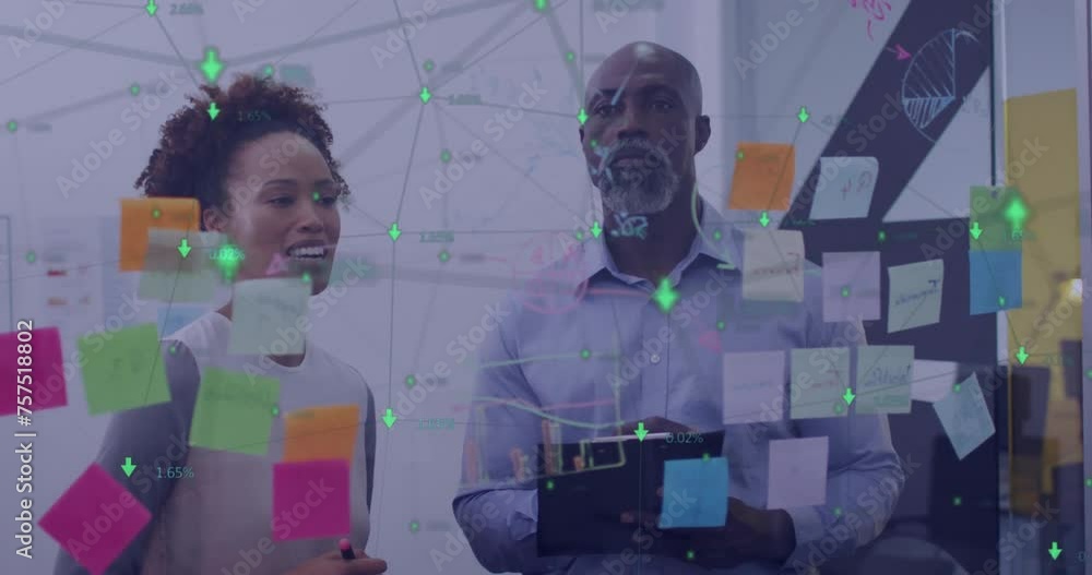 Poster animation of network of connections with icons over diverse colleagues brainstorming in office