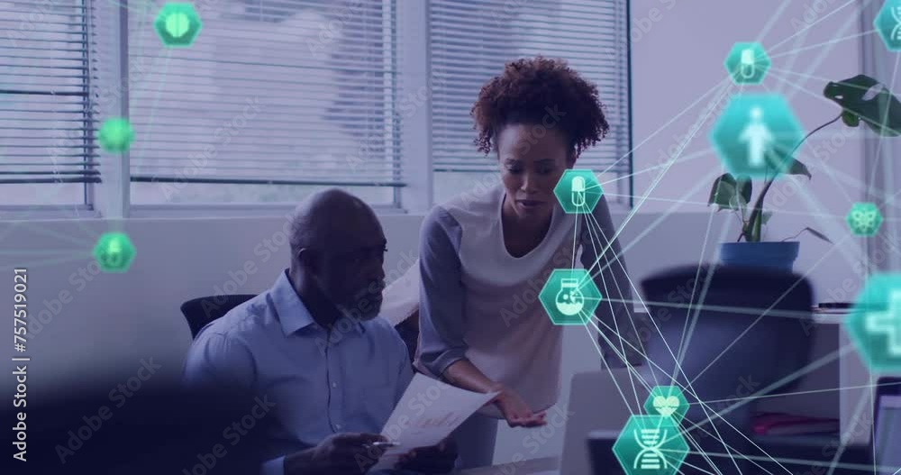 Poster animation of network of connections with icons over diverse colleagues discussing work in office