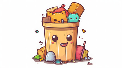 A smiling trash can filled with assortments of cute, colorful emojis depicting recycling and happiness