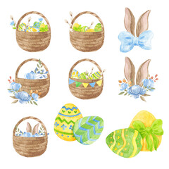 Painted watercolor holiday clip art. Easter Spring religious holidays. Family tradition. Festive pattern for fabric. Easter eggs. Wicker basket with colored eggs.
