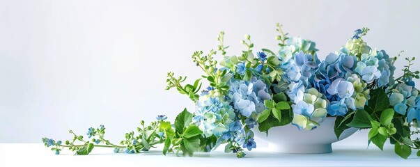 Fresh light blue and white hydrangea bouquet in a white vase, with green leaves on a white backdrop, banner with copy space
