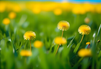 Beautiful meadow field with fresh grass and yellow dandelion flowers in nature against a blurry blue