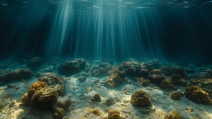 an underwater view of a coral reef with sunlight streaming through the water's surface and sunlight streaming through the water's surface.